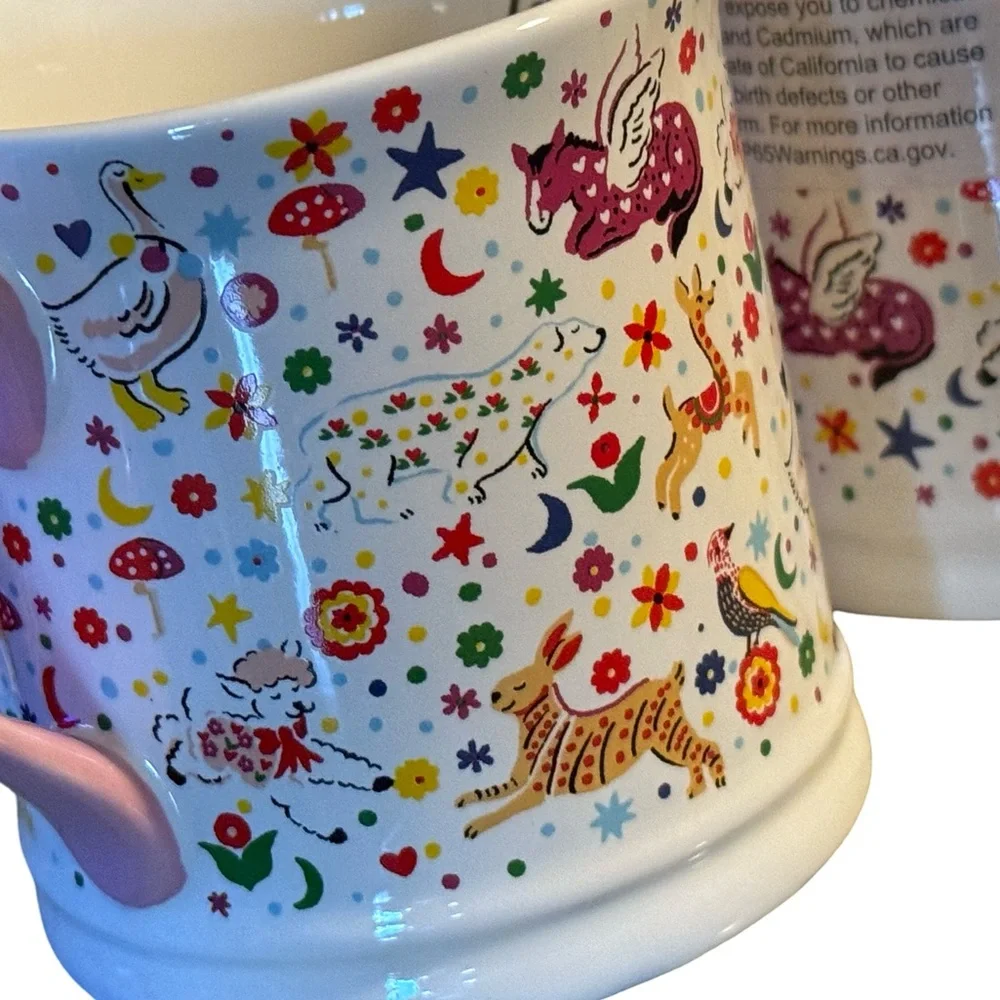 Cath Kidston NWT Qty of 2 Whimsical Animal Patterned Mugs with Pink Handles - Picture 5 of 10